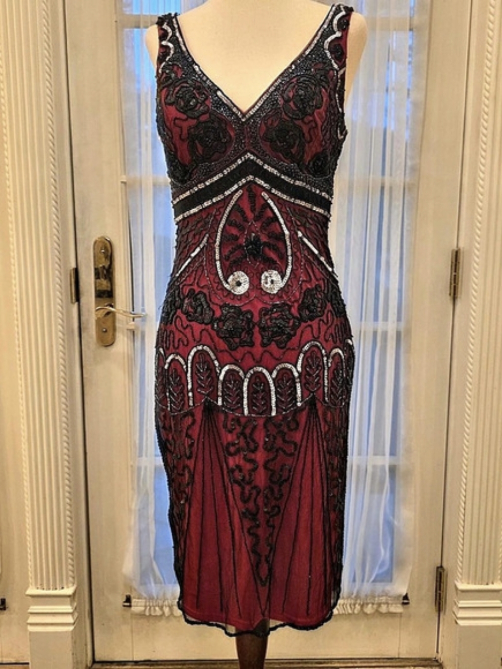 VTG Sue Wong Nocturne Silk Beaded Art Deco Flapper Cocktail Dress Burgundy Black
